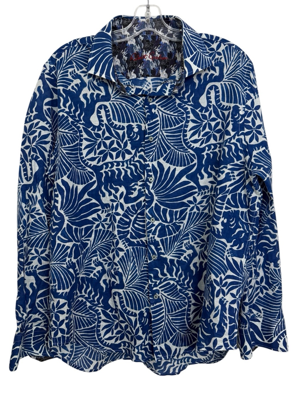 Robert Graham Tropical Tiger Print Linen Cotton Classic Fit Shirt Size XL Blue
